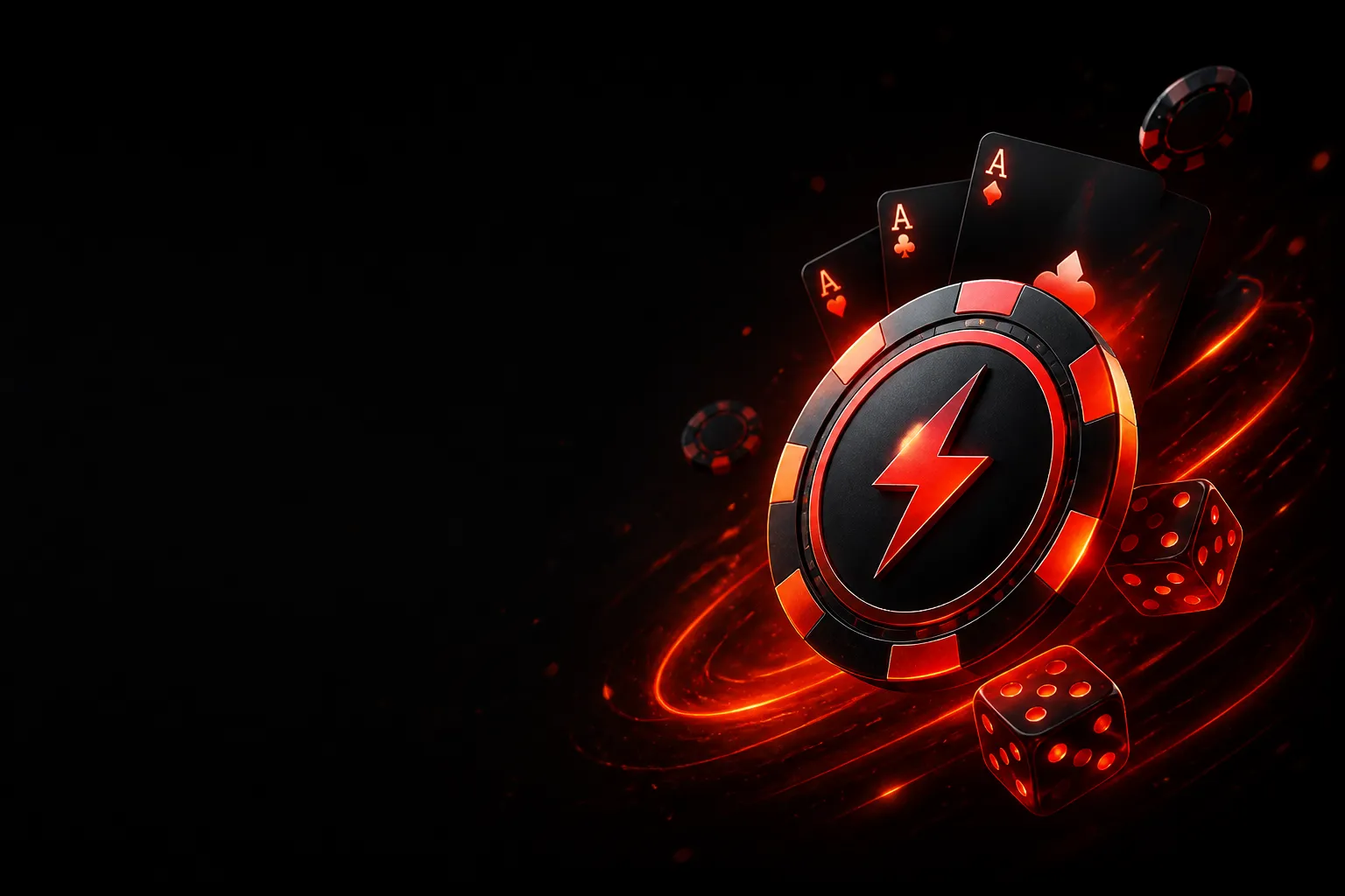 A premium 3D iGaming image featuring a lightning-bolt casino chip with a dark background, surrounded by playing cards and dic