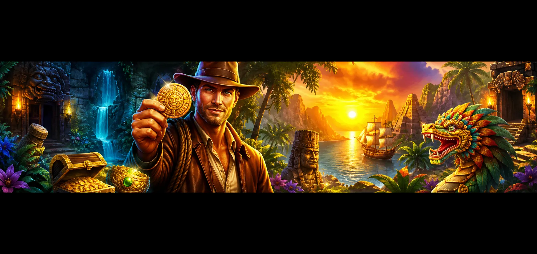 Ultra-wide panoramic slot game illustration featuring characters, creatures, and themed environments in a cinematic style for